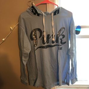 light blue sparkle PINK longsleeve tee with hood